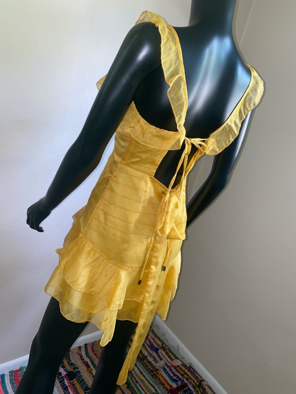 Yellow Ruffle V-Neck Women's Dress - Picture 7 of 13